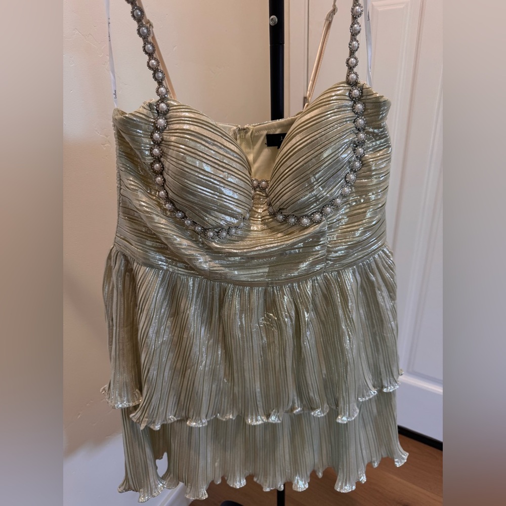 Lulu's Metallic Silver Pleated Bustier Mini Dress with Pearl-Strap Detail - Picture 3 of 6